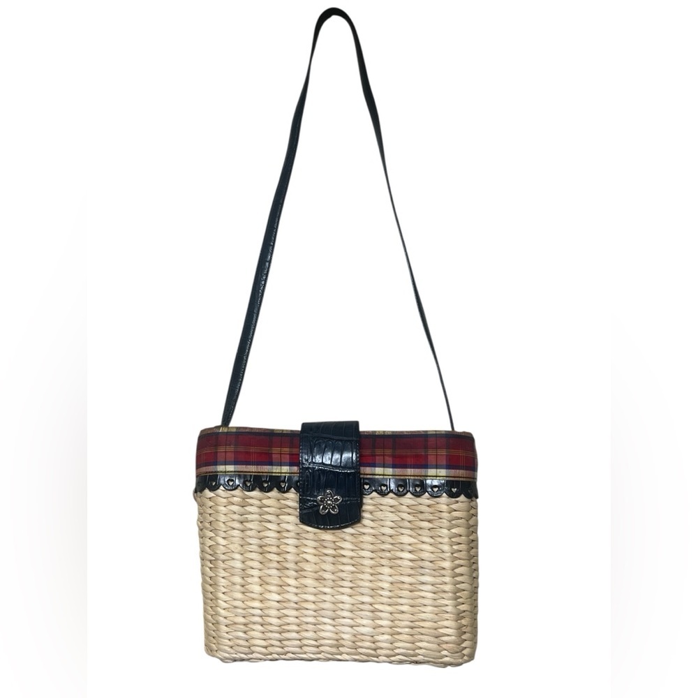 Brighton woven straw shoulder crossbody bag with plaid and heart details
